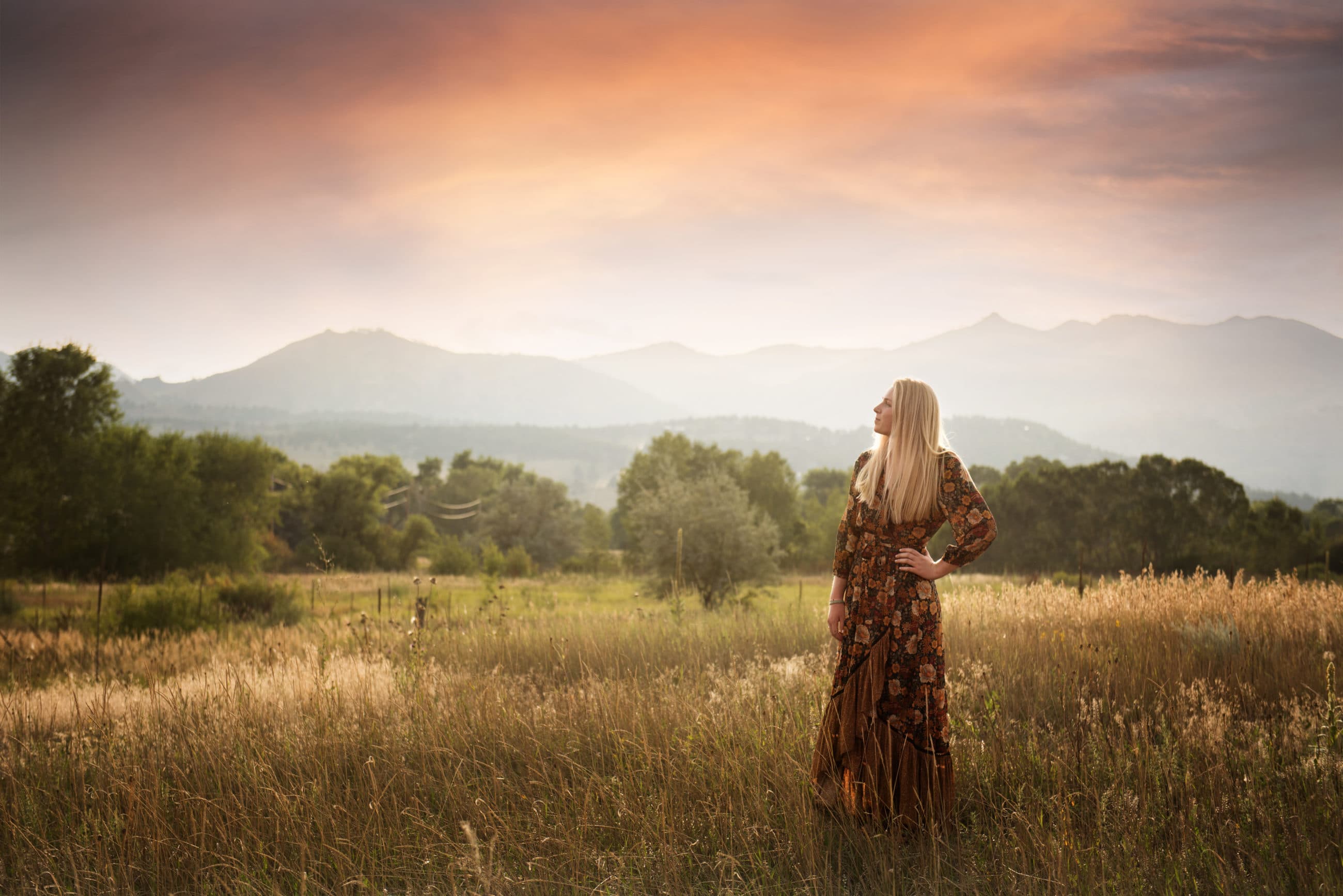 18 year old girl wearing anthropologie dress in field at sunset - boulder senior photographer