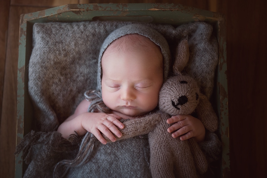newborn baby boy sleeping with knitted puppy - boulder newborn photographer