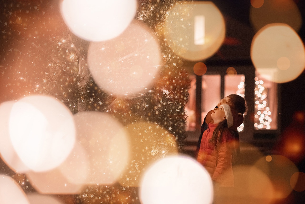 two children looking up at Christmas tree outside (boulder photographer)