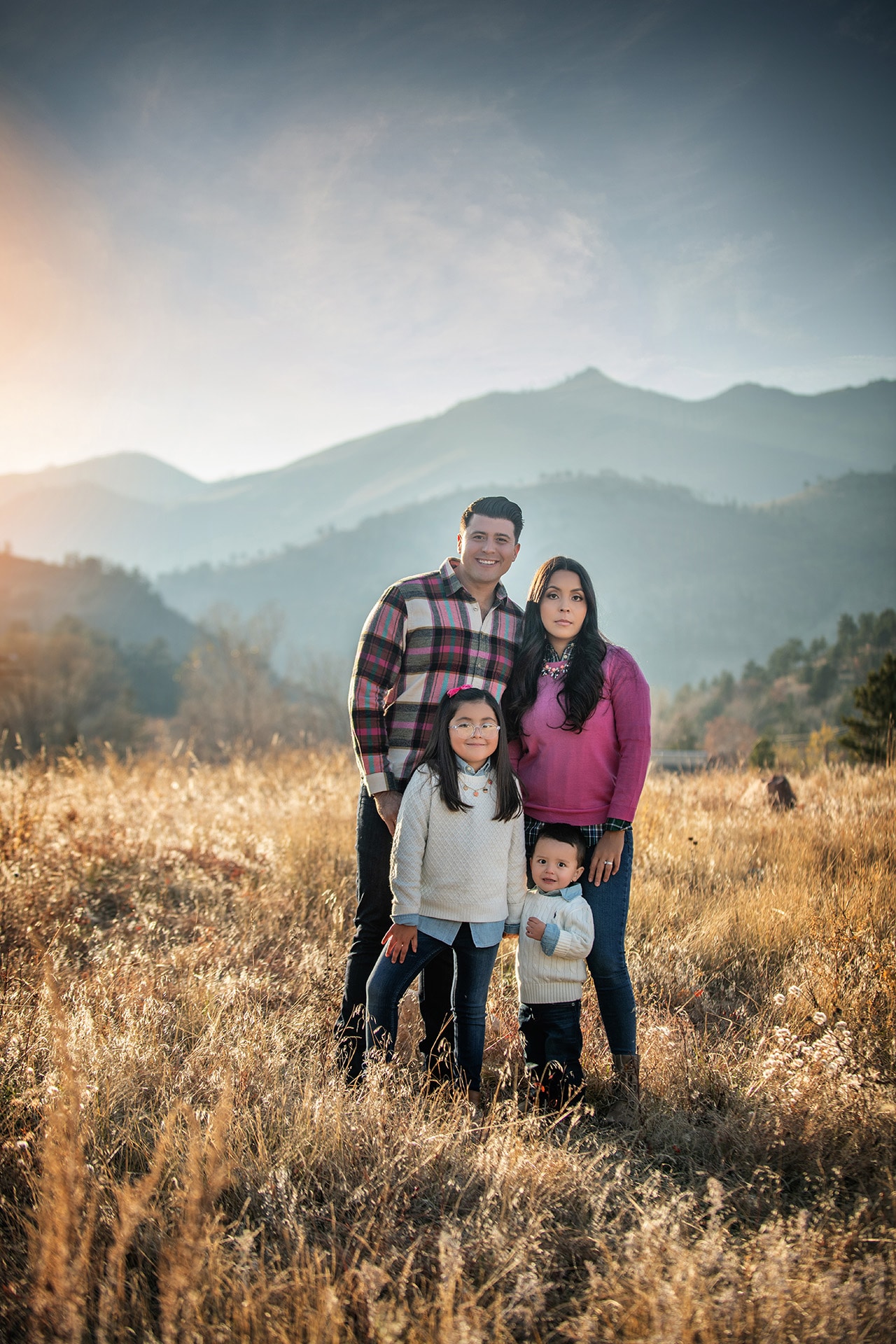 family of four in golden field portrait (boulder photographer)