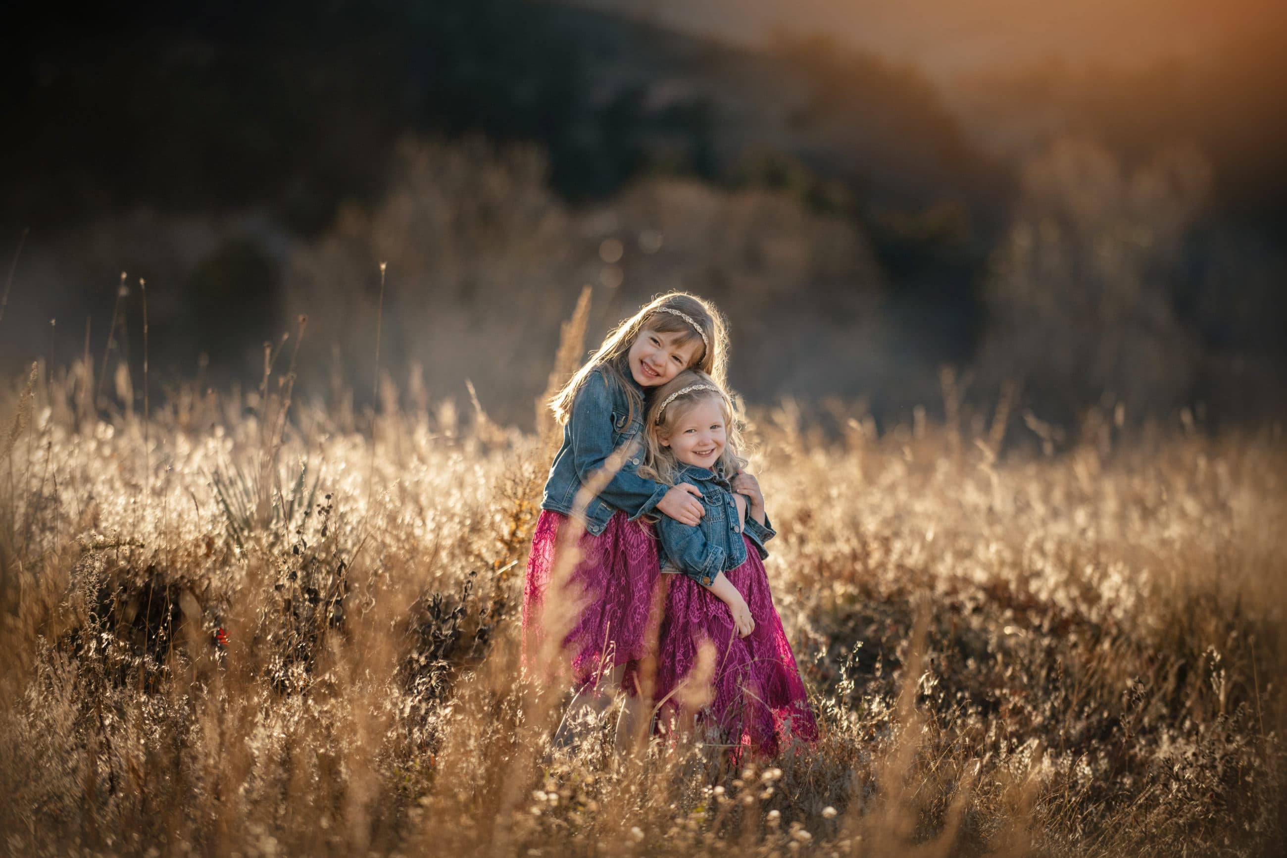 sisters in golden field wearing pink dresses hugging - boulder family photographer