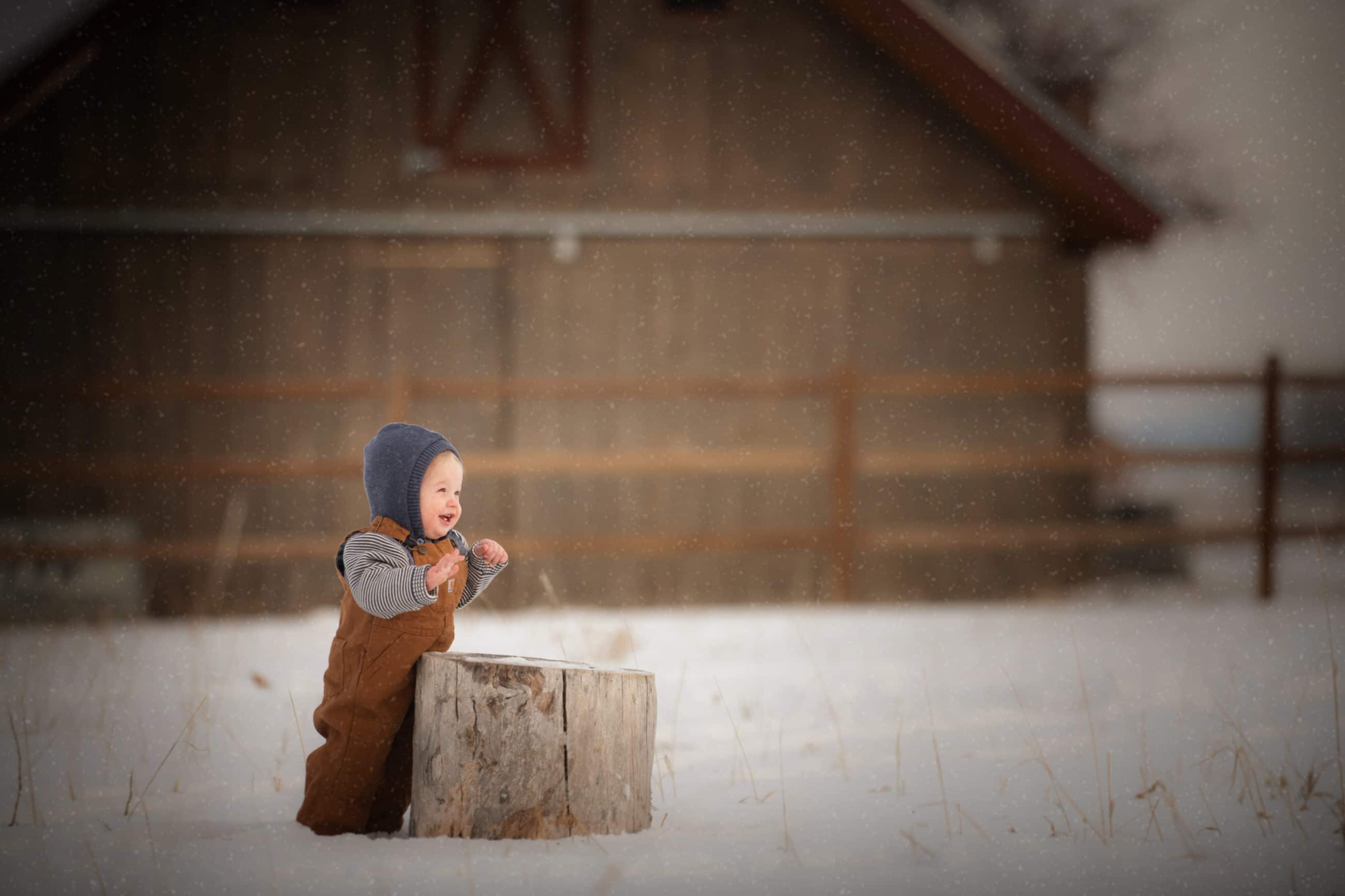 baby boy in carhart overalls standing in the snow in front of a brown barn - boulder photographer