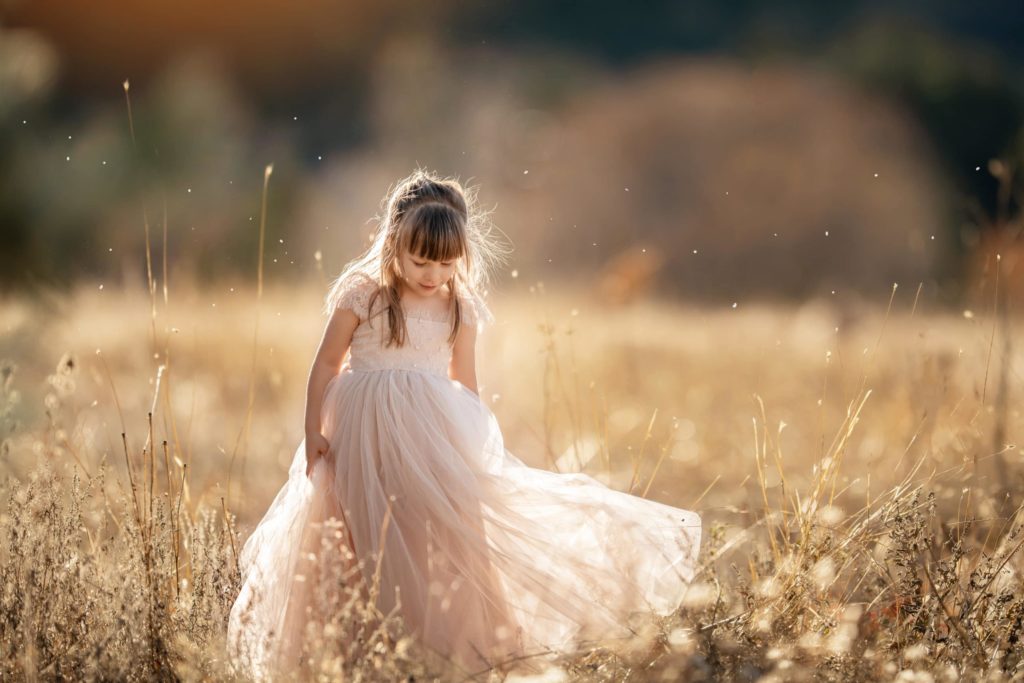 girl standing in field with pink tulle dress - Boulder photographer