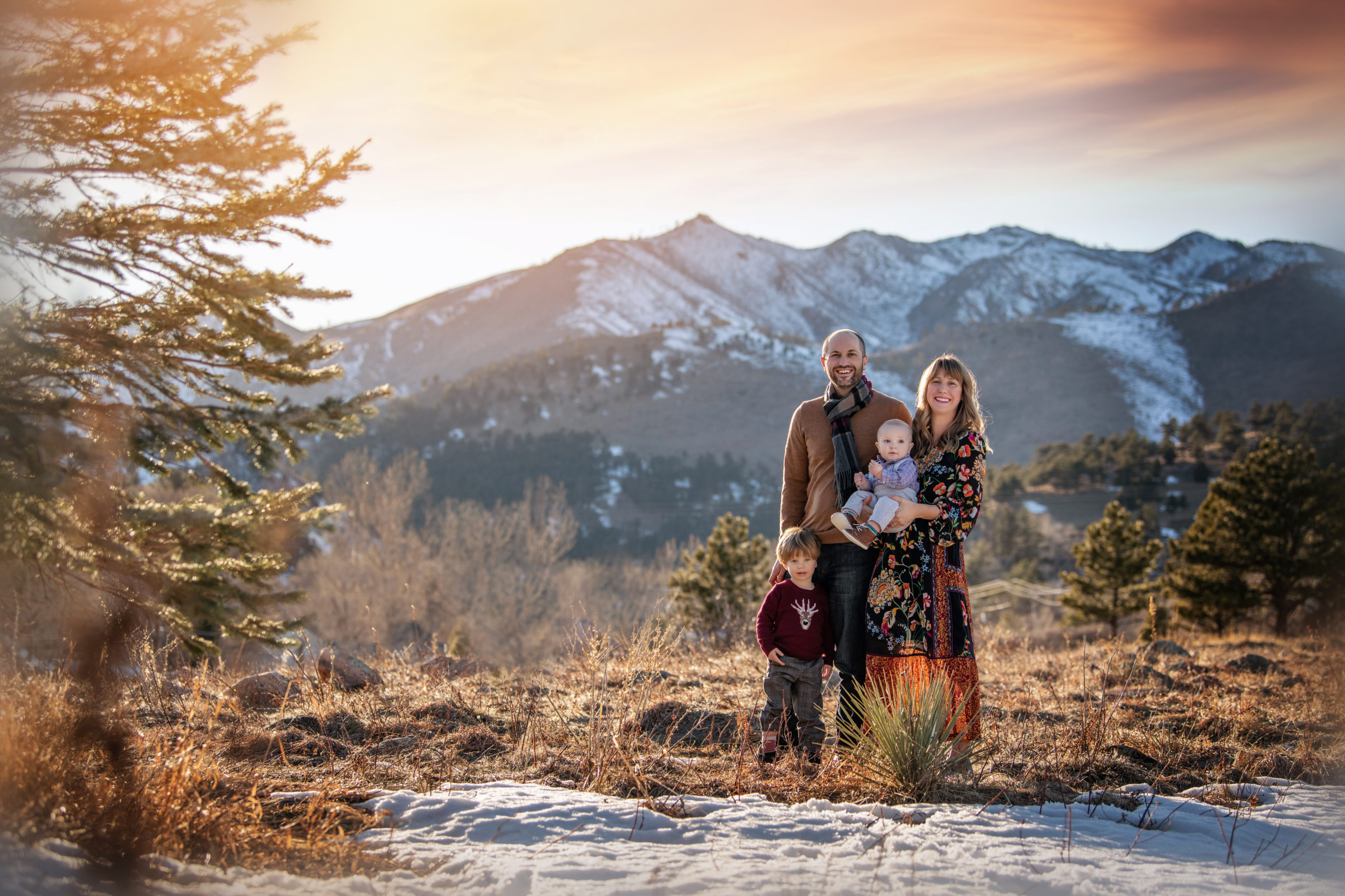 boulder family photography - family of four in field at sunset